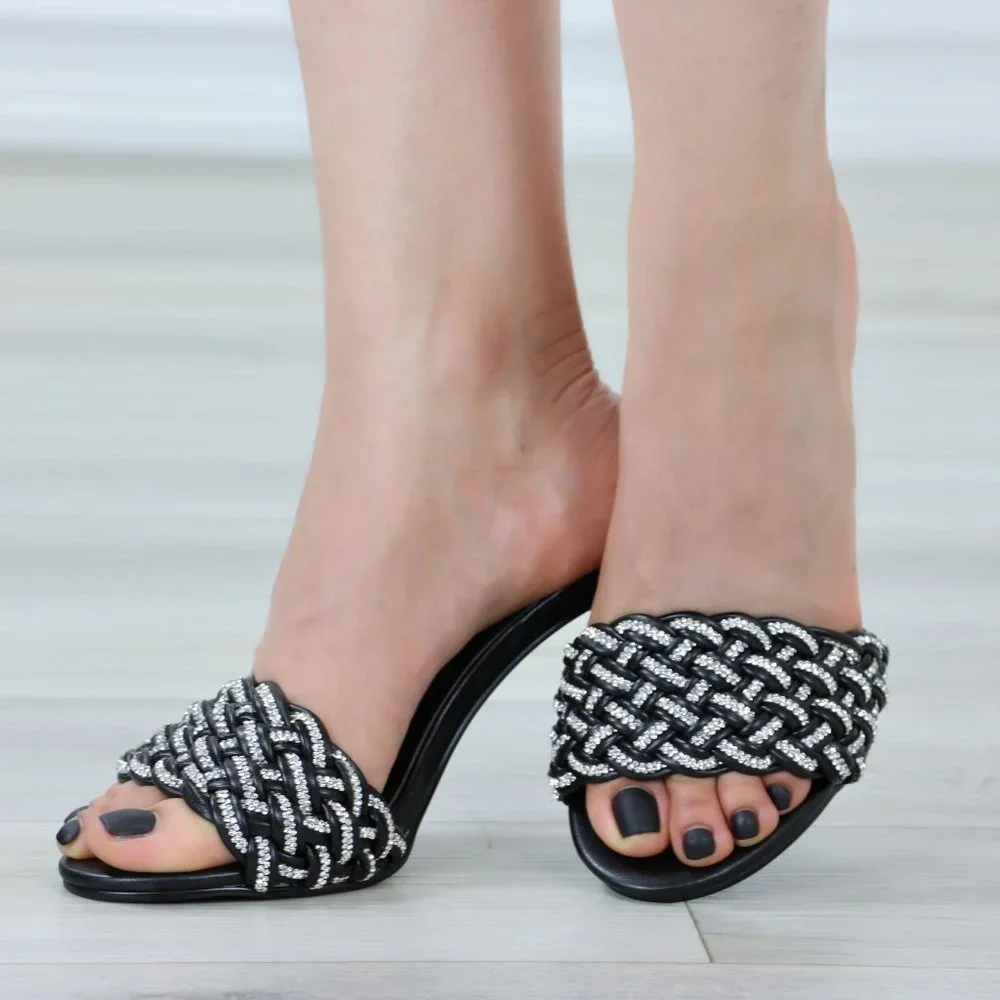 Black Heeled Braided Rhinestone Pattern Mule Open Toe High Heel Sandal - Picture 5 of 15